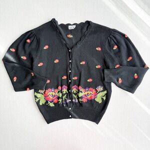 Wye Oaks vtg black floral hand knit cardigan sweater size L